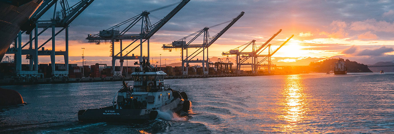 Port of Oakland, USA with a row of container cranes at sunset.